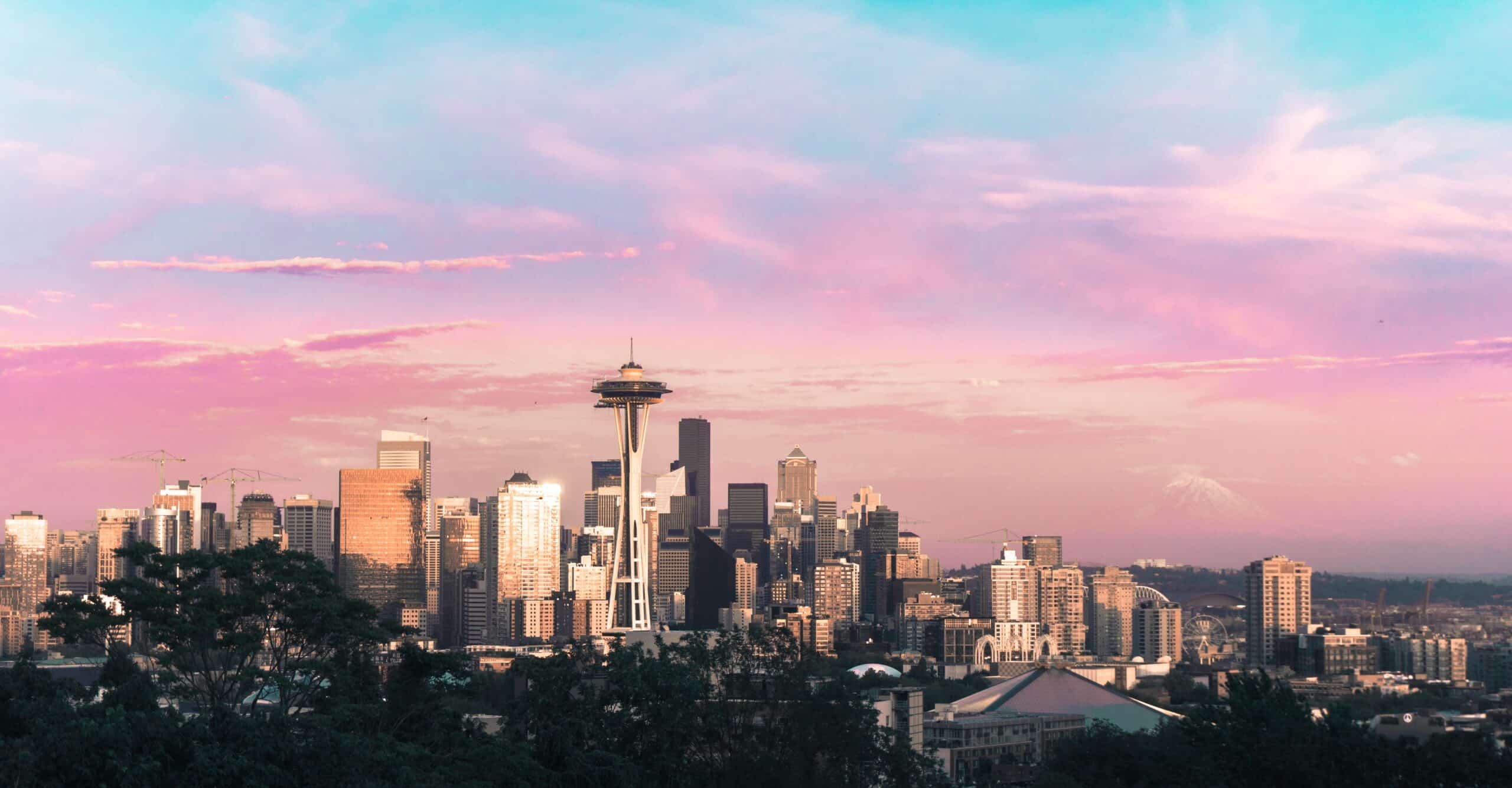 Washington skyline with a pretty pink and blue sky