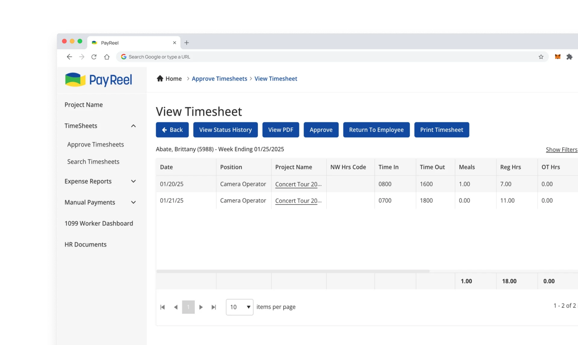 screenshot of timesheet dashboard