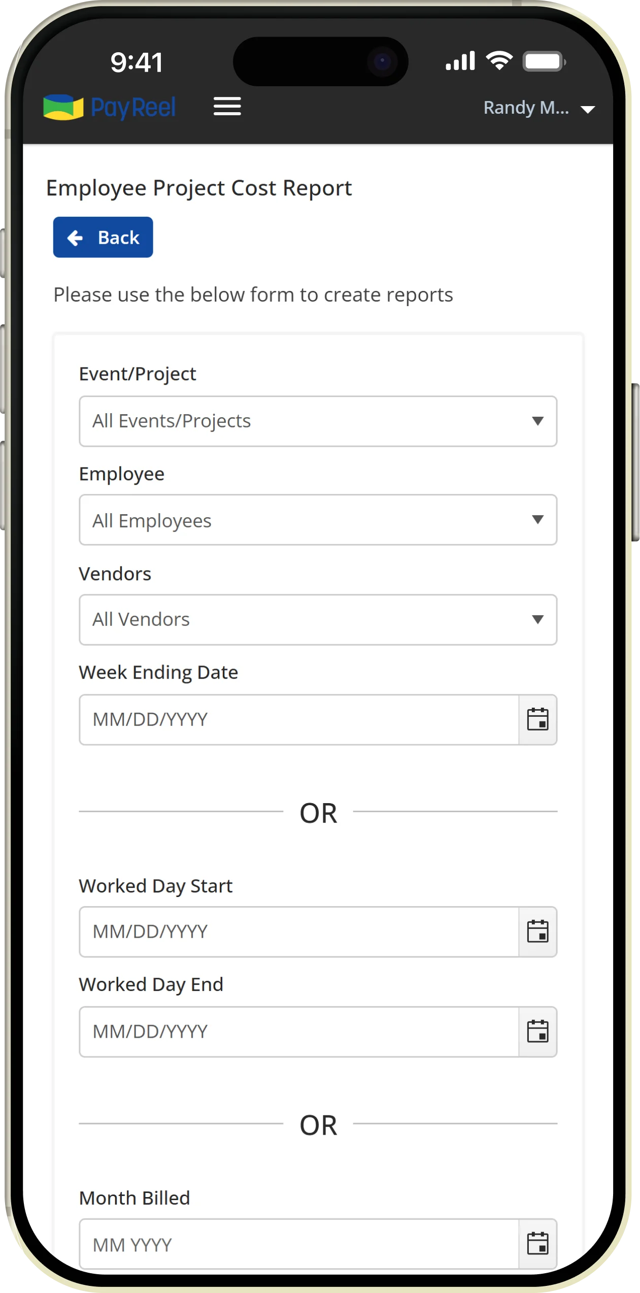 PayReel phone app displayed on phone including Employee Project Cost Report