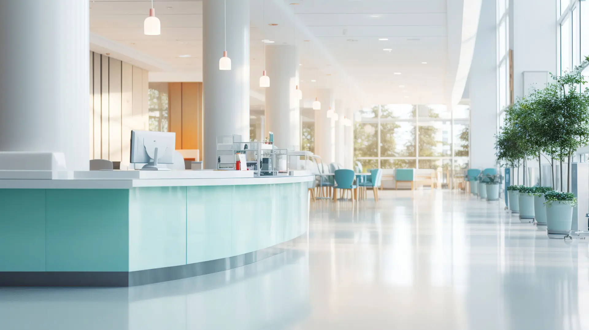Hospital hallway, reception clinic. Unfocused background.